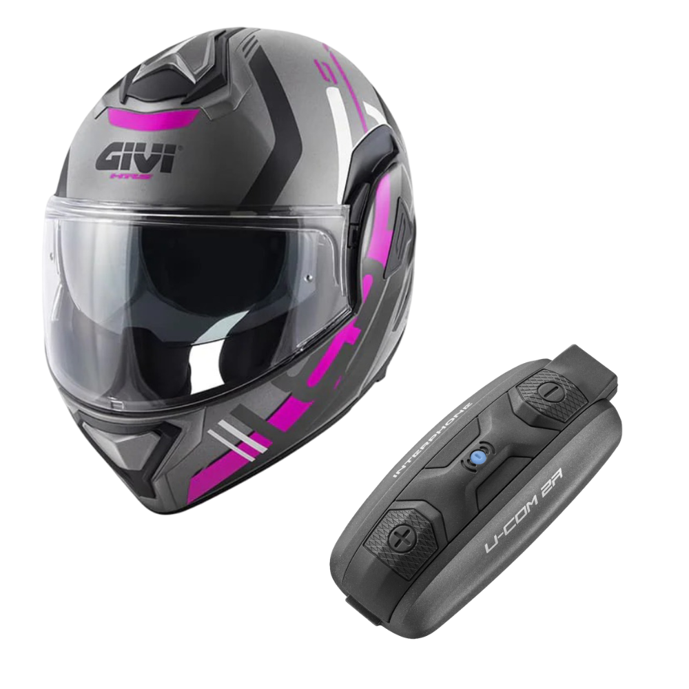 Casco Modular GIVI X30 Pulsar Negro Titanio Rosa + Intercomunicador Interphone U-Com 2R